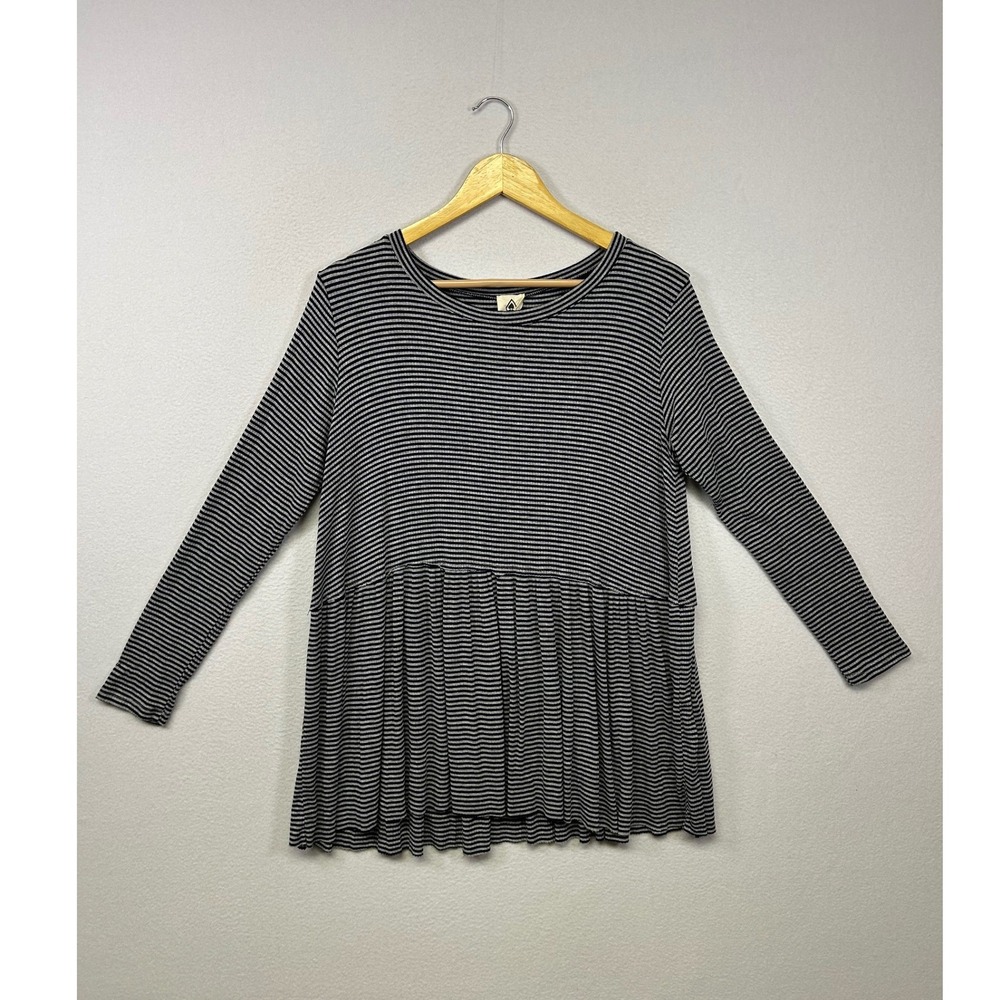 Boho Spade & Heart Womens Small Navy Grey Striped Ribbed Peplum Babydoll Top